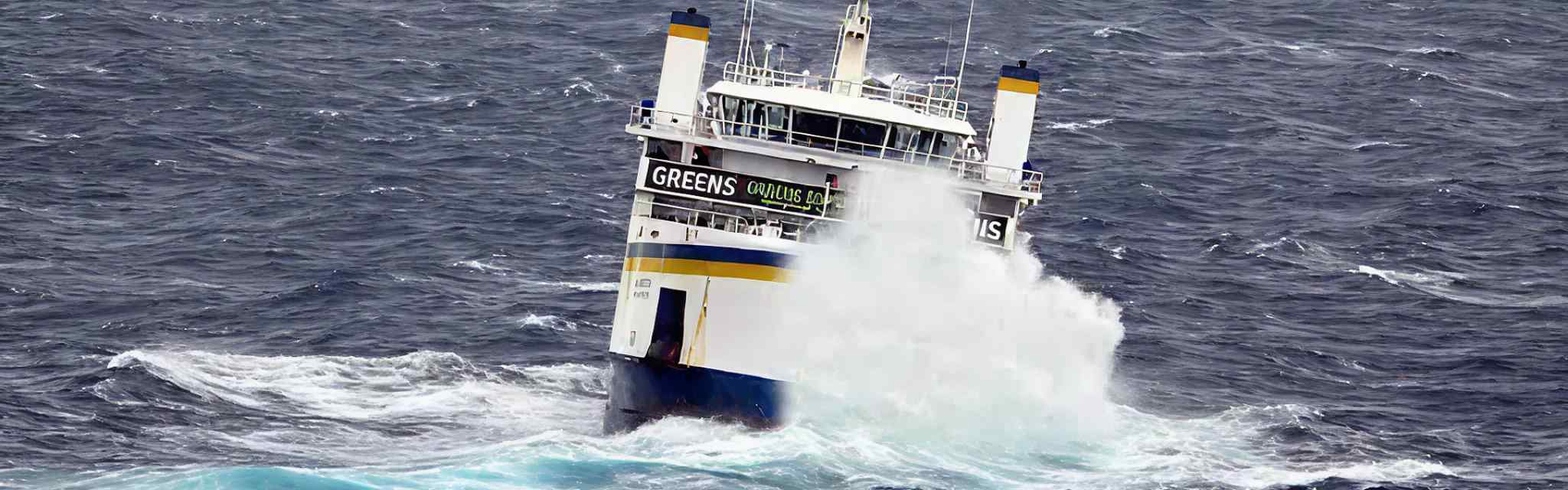 Gozo ferry sailing through rough seas, with waves crashing against the bow during stormy conditions
