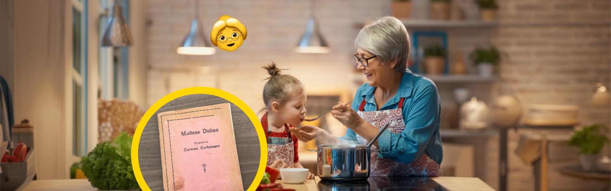 Grandmother feeding soup to a young child in a warm kitchen setting, with a highlighted vintage Maltese cookbook titled 