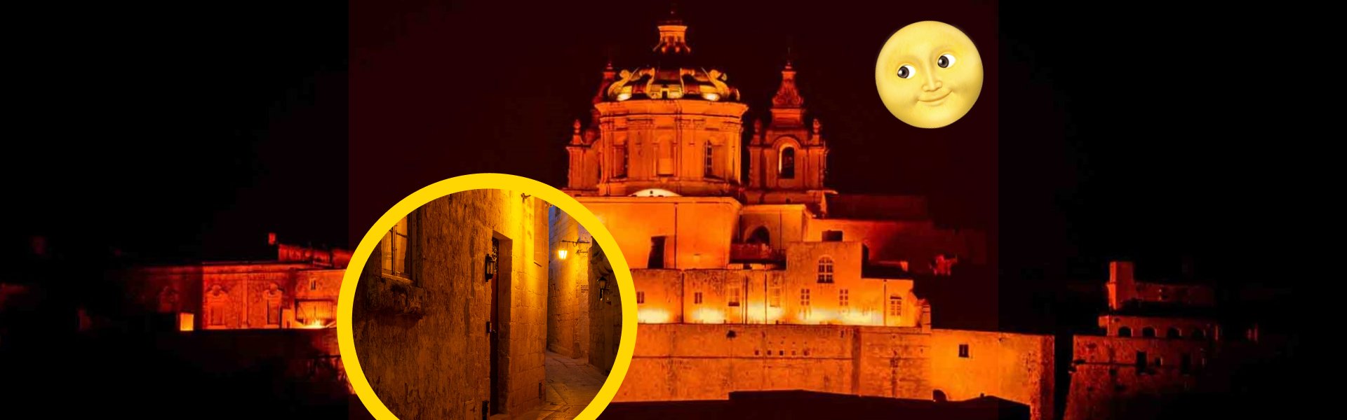 Night view of Mdina's illuminated domed cathedral and fortifications, with a yellow circular inset showing a narrow lantern-lit alleyway and a stylised moon graphic in the dark sky.