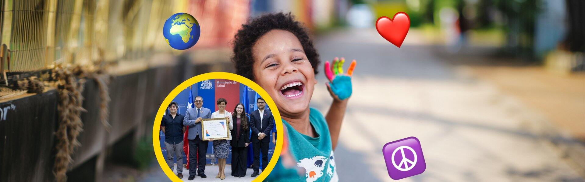 A composite banner image featuring a circular inset of officials from PAHO and Chile's Ministry of Health holding a framed certificate at an official ceremony, overlaid with emoji icons including a globe, red heart, and peace symbol, set against a colourf