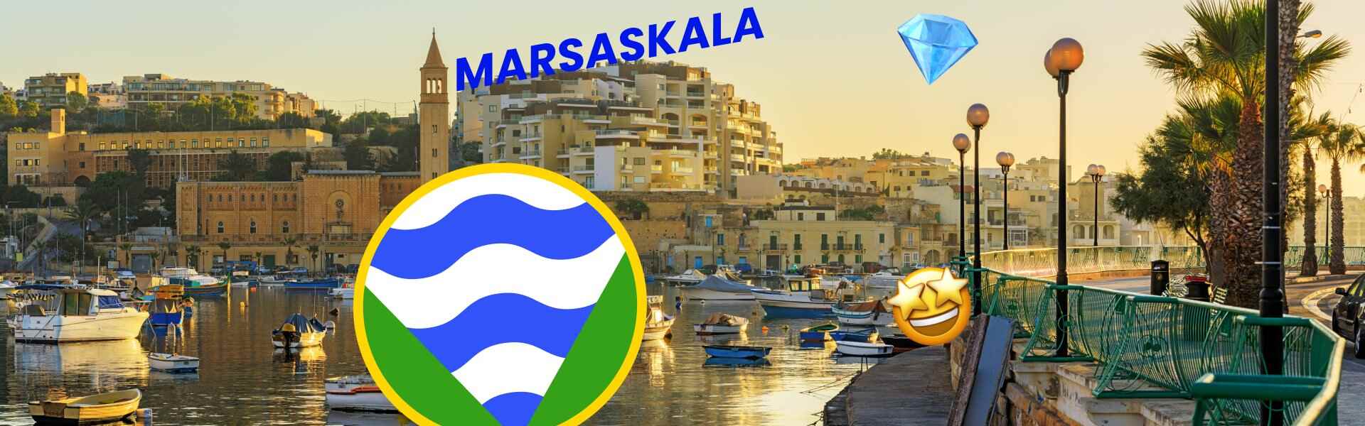 Marsaskala bay at golden hour with colourful fishing boats moored along the promenade, the village's honey-stone buildings and church tower reflected in the calm water, overlaid with the Yellow Pages Malta logo and the text 