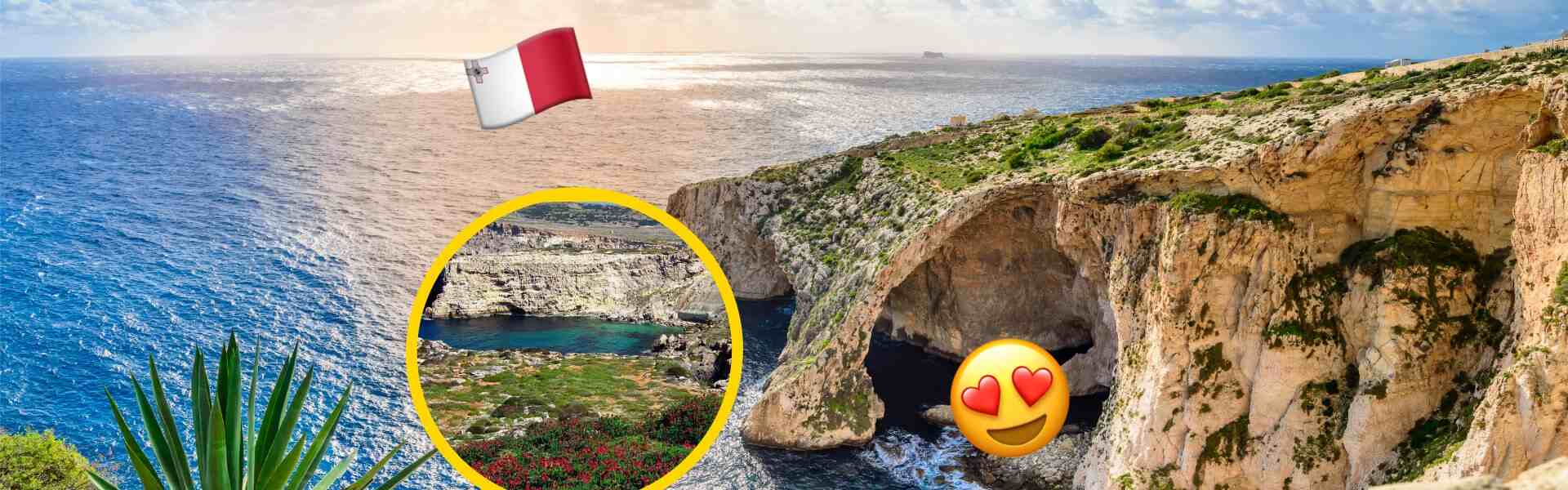 Dramatic aerial view of the Blue Grotto sea cave arch along Malta's rugged limestone coastline, with a circular inset image showing lush green cliffs and red wildflowers overlooking a turquoise inlet, the Maltese flag emoji, and a heart-eyes emoji