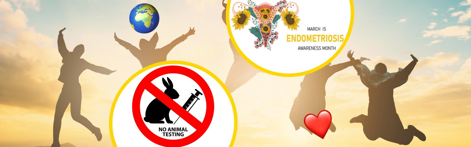 Silhouettes of people jumping joyfully against a warm sunset sky, with circular icons showing a globe, an endometriosis awareness badge, and a no-animal-testing symbol.
