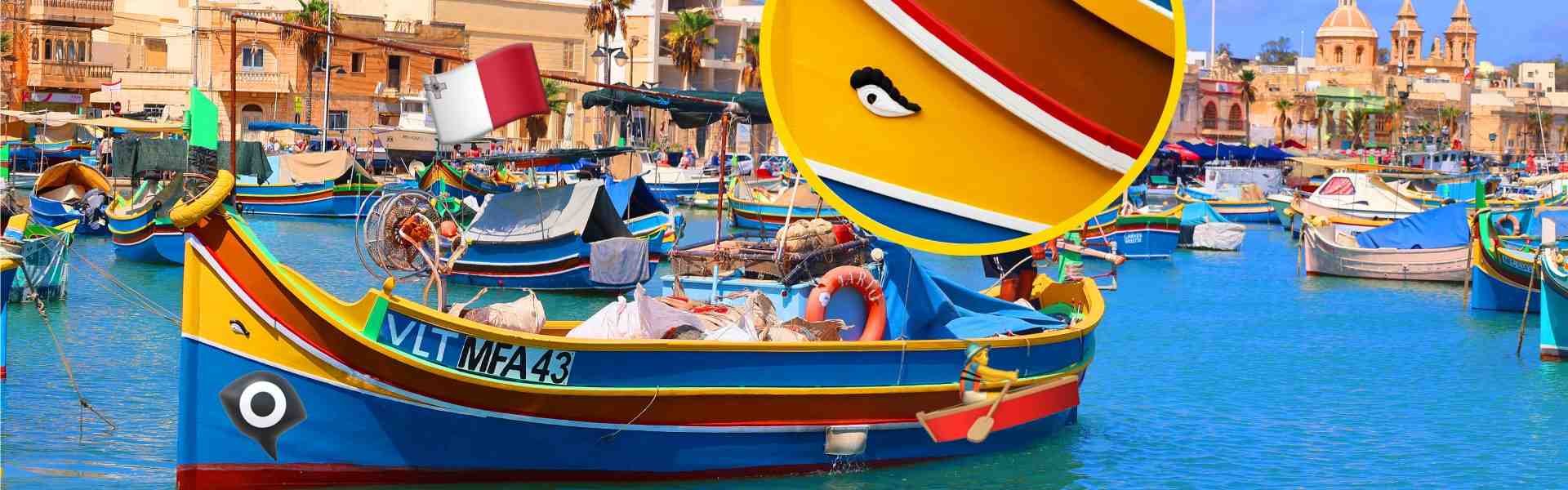 Colourful traditional Maltese luzzu fishing boats moored in Marsaxlokk harbour, with a close-up of the iconic Eye of Osiris painted on the bow, the Maltese flag, and the village church in the background.