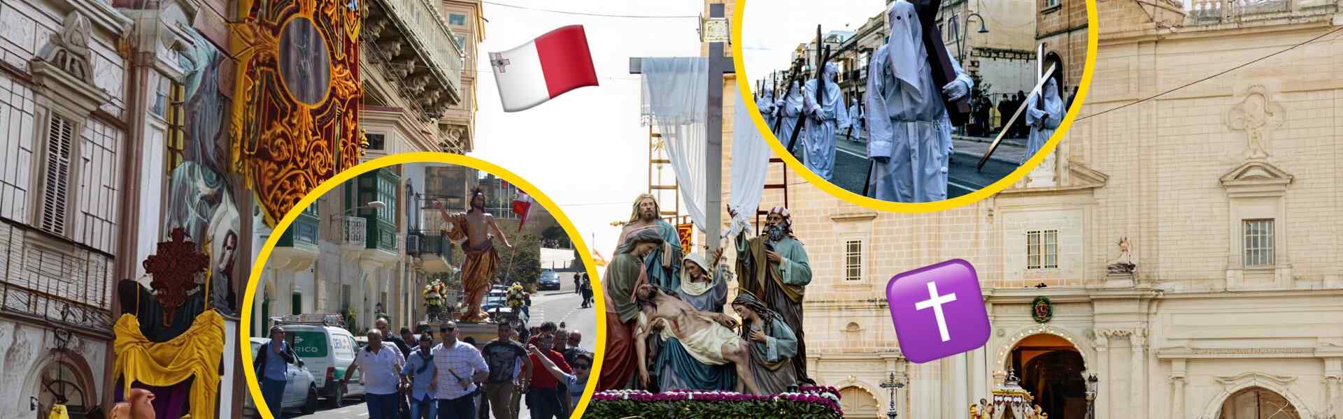 A collage of Maltese Easter traditions including the Good Friday procession with hooded penitents carrying crosses, the Easter Sunday statue run, and a religious float with biblical figures in a Maltese village street.