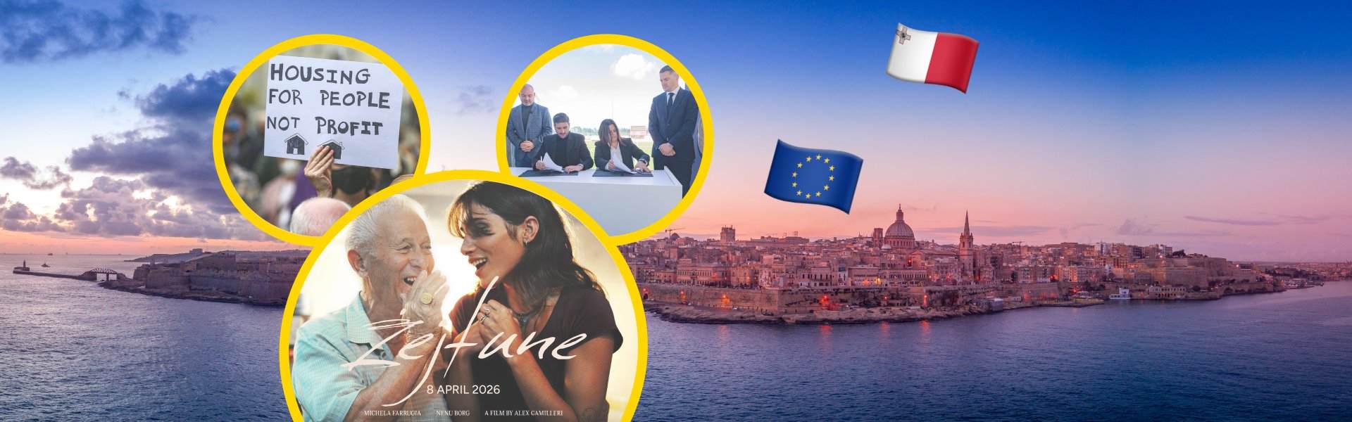 Article banner featuring a Valletta skyline at sunset with circular insets showing a housing protest sign, a Malta FA signing ceremony, and the Zejtune film poster, alongside the Malta and EU flags