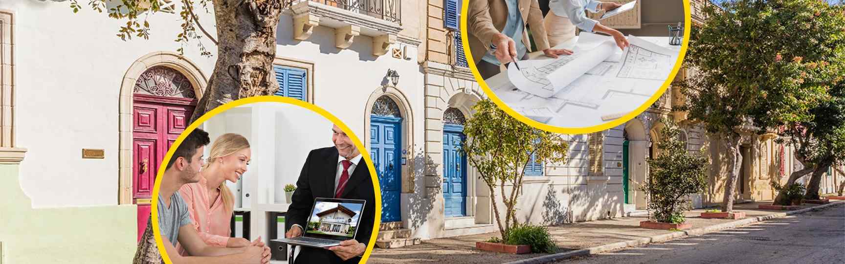 Yellow Pages Malta article banner featuring a Maltese street with colourful doors, a real estate agent showing a property listing to a couple, and architects reviewing blueprints
