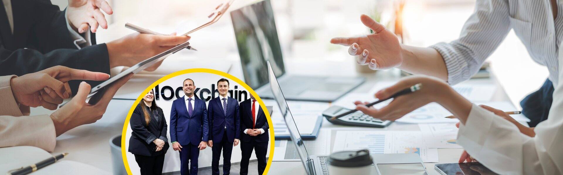 Business professionals at a blockchain industry event in Malta, featuring three suited executives posing in front of a Blockchain branding backdrop, surrounded by busy office scenes with laptops and documents