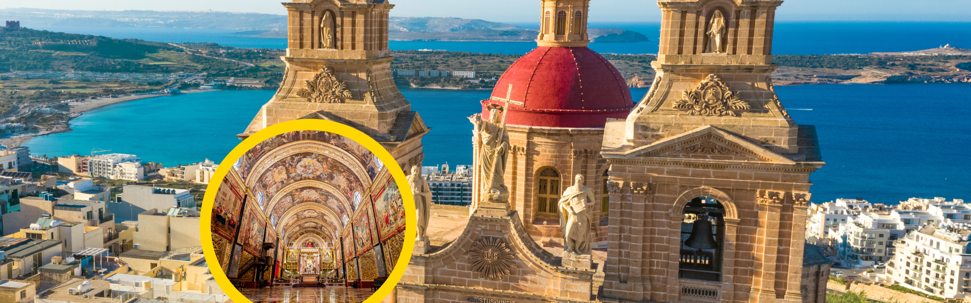 Mellieha Parish Church dedicated to the Birth of Our Lady with Ghadira Bay in the background