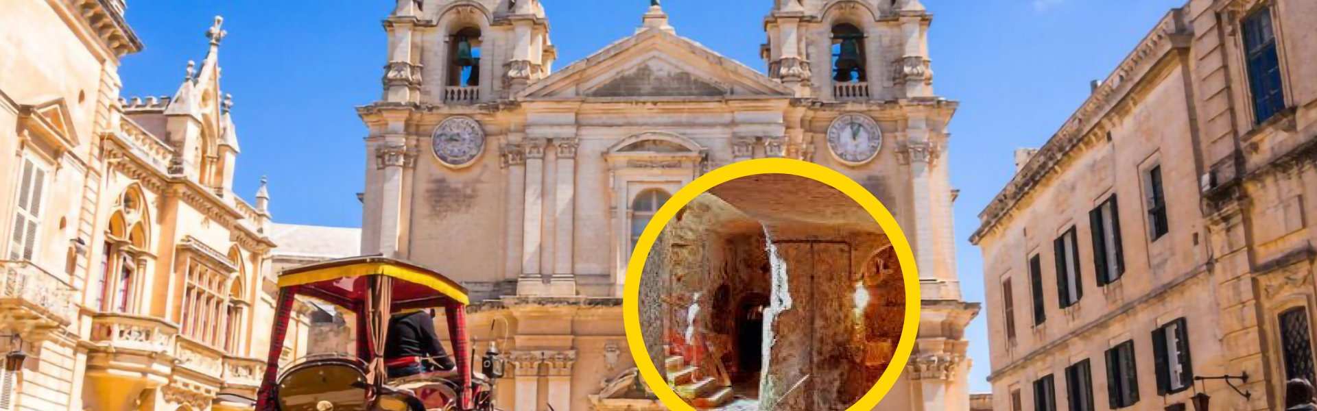 Composite image of St Paul's Cathedral in Mdina with a circular inset showing the ancient stone interior of the Catacombs of Rabat, Malta
