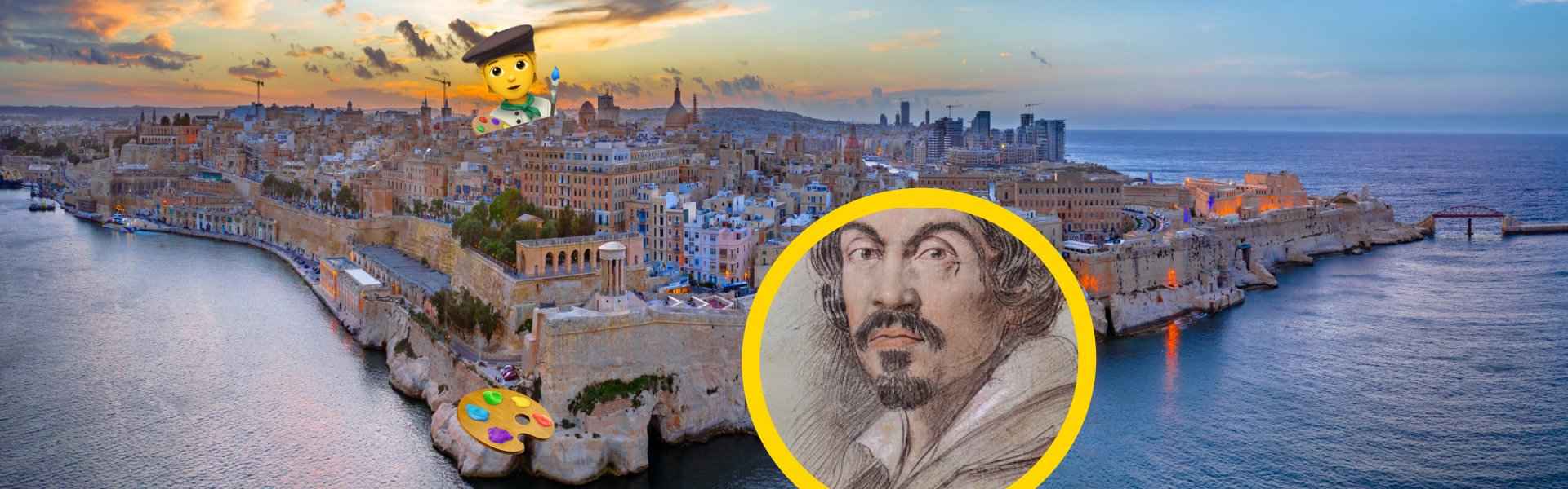 Aerial panoramic view of Valletta, Malta at sunset with the Grand Harbour, featuring a portrait illustration of Baroque painter Caravaggio in a yellow circle and a cartoon artist mascot in the sky.