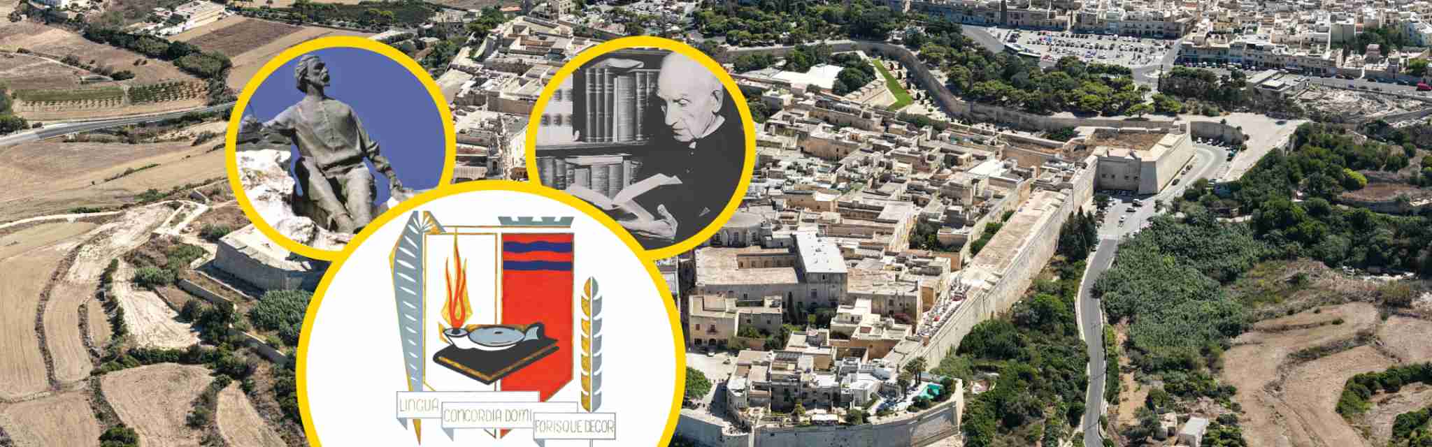 Aerial view of Mdina in Malta with overlay images of a historical statue, a scholar reading, and the Akkademja Maltija emblem, representing the history and survival of the Maltese language.