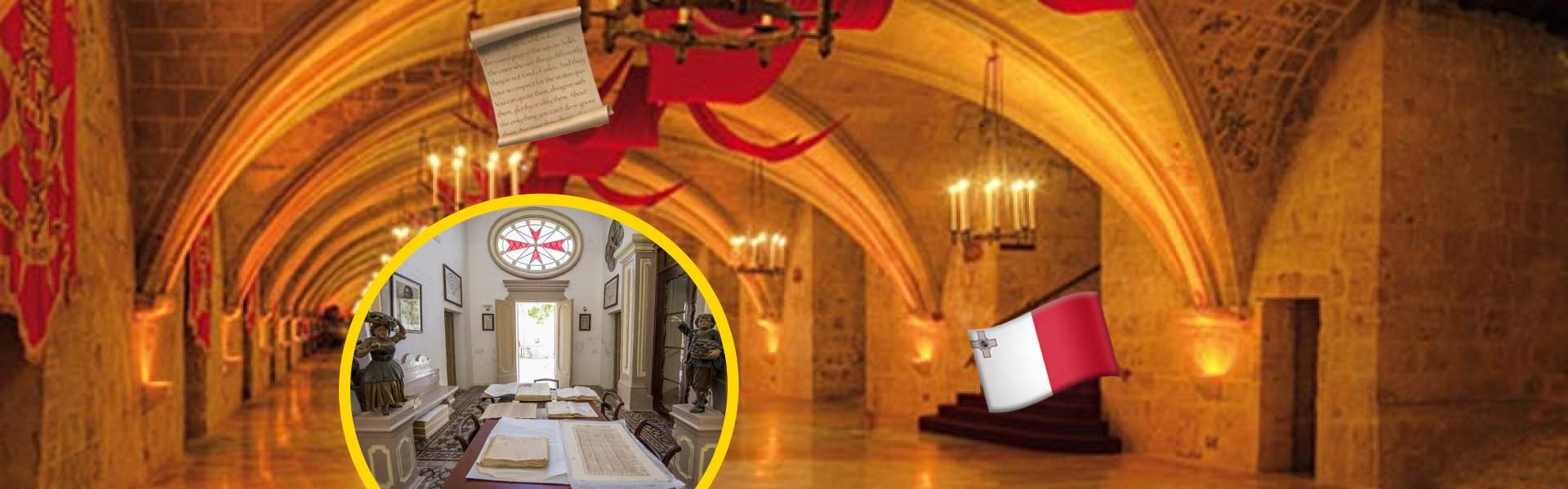 Grand Hall of the Palace of the Grand Masters in Valletta with red Knights of Malta banners, circular inset showing an archival reading room with open manuscripts, and a Maltese flag emoji overlay.