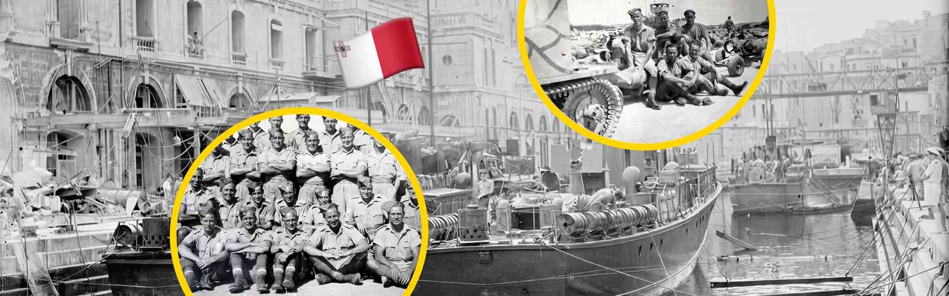 Composite article header image showing British soldiers and warships in Malta's Grand Harbour during the colonial era, with two circular insets highlighting a group of WWII-era soldiers in khaki uniform and a tank crew, overlaid with the Maltese flag