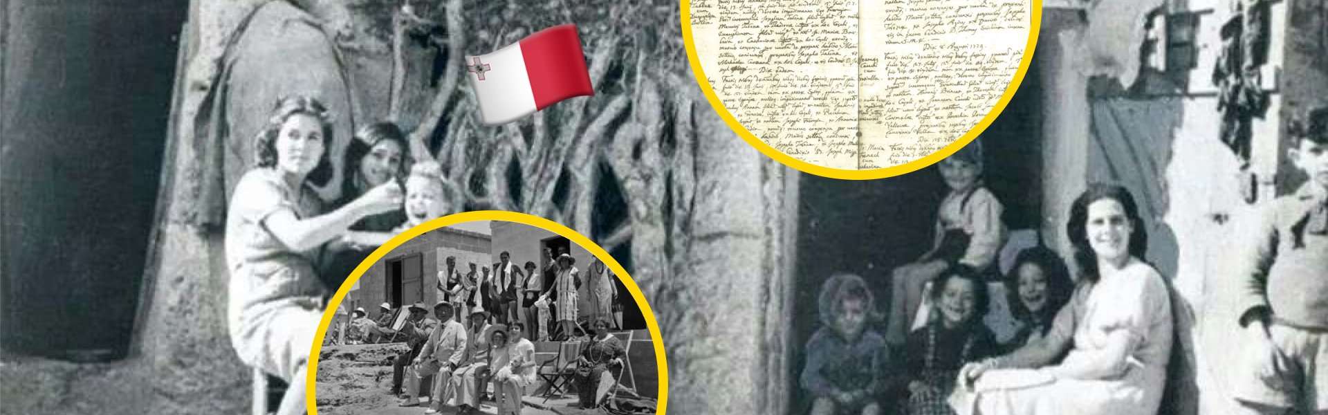 A black-and-white vintage photo collage of Maltese families and communities, overlaid with a handwritten document excerpt and the Maltese flag emoji, illustrating the cultural heritage behind the Maltese laqam family nickname tradition.