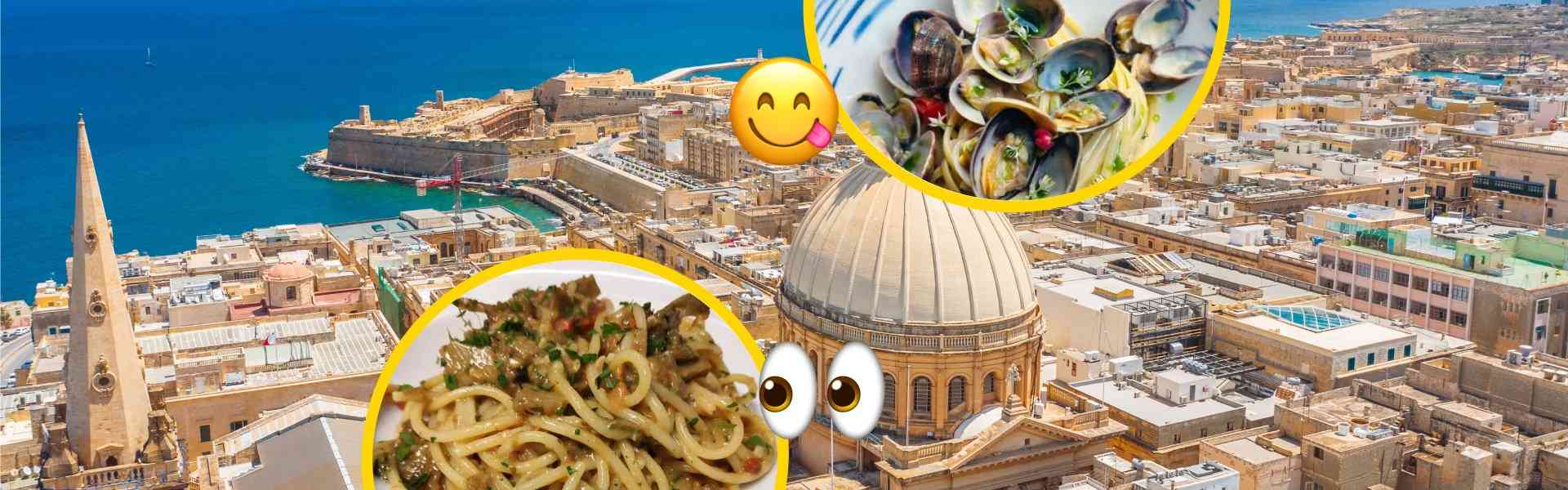 Aerial view of Valletta, Malta, with circular food images showing spaghetti alle vongole and pasta with artichokes, representing the best restaurants to eat in Valletta in 2026.
