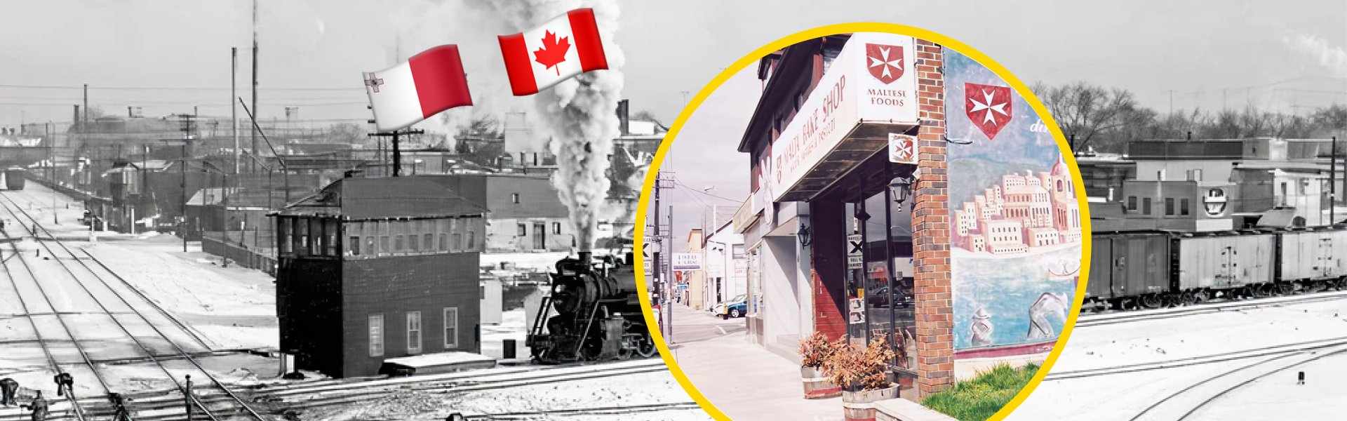 Article header image combining a black and white vintage photograph of a steam locomotive hauling freight through a snow-covered Canadian railway yard with a circular inset showing the Malta Bake Shop on a Toronto street, its exterior wall painted with a