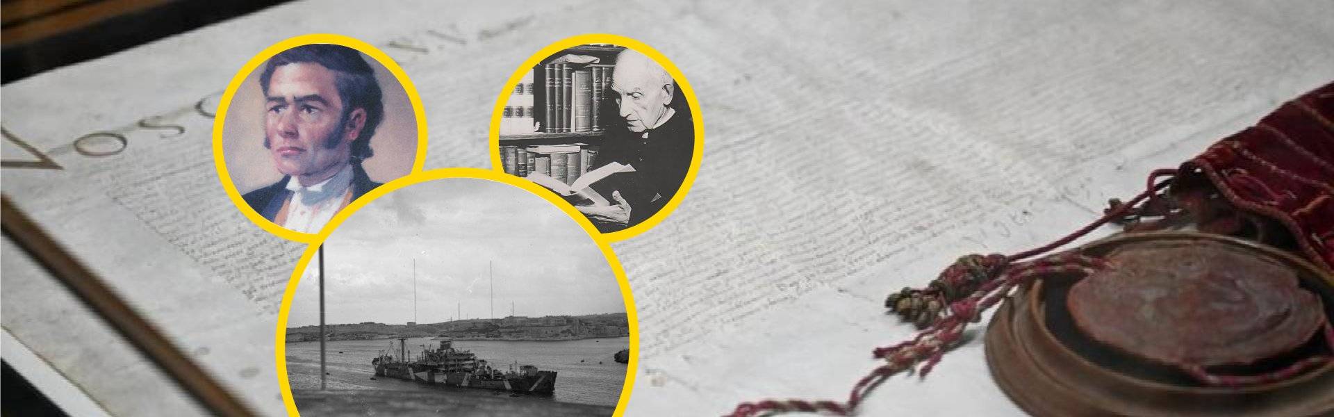 Historical collage featuring three circular portraits  a 19th-century Maltese gentleman, an elderly cleric reading in a library, and a vintage black-and-white photograph of a ship in Grand Harbour  overlaid on a handwritten historical document with a wa