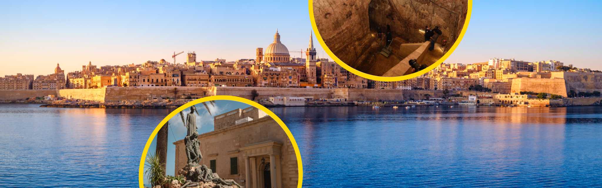 Panoramic view of Valletta at sunset with circular images showing an underground cistern and the Auberge d'Aragon monument.