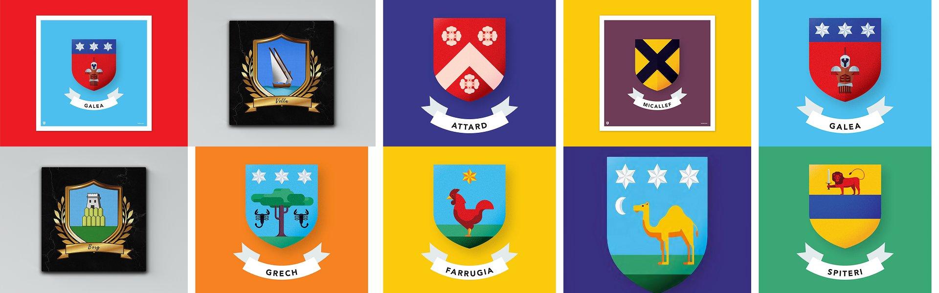 A collage of ten illustrated coats of arms representing Malta's most common surnames  Galea, Vella, Attard, Micallef, Grech, Farrugia, Borg, Spiteri, and two Galea variants  each displayed on a bold coloured background with heraldic symbols including a
