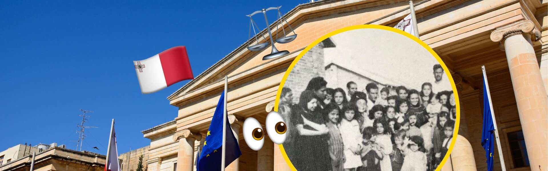 Article header for The Conspiracy Trials of 194647 featuring a neoclassical courthouse with Maltese and EU flags, a scales of justice emoji and eyes emoji, and a circular vintage black-and-white photograph of a group of Maltese men, women and children.