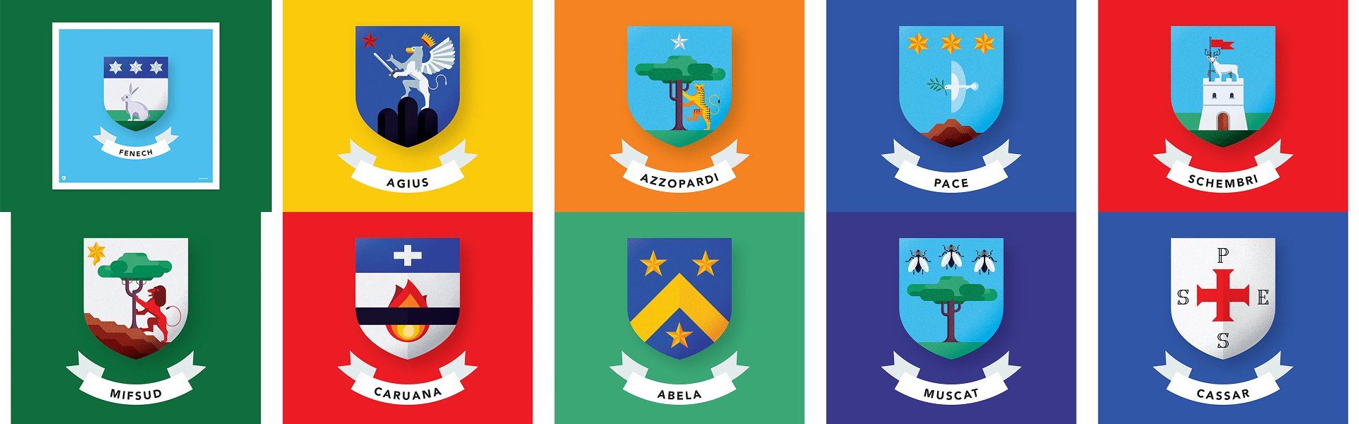 A grid of ten illustrated Maltese family coats of arms on coloured backgrounds, featuring the surnames Fenech, Agius, Azzopardi, Pace, Schembri, Mifsud, Caruana, Abela, Muscat, and Cassar.