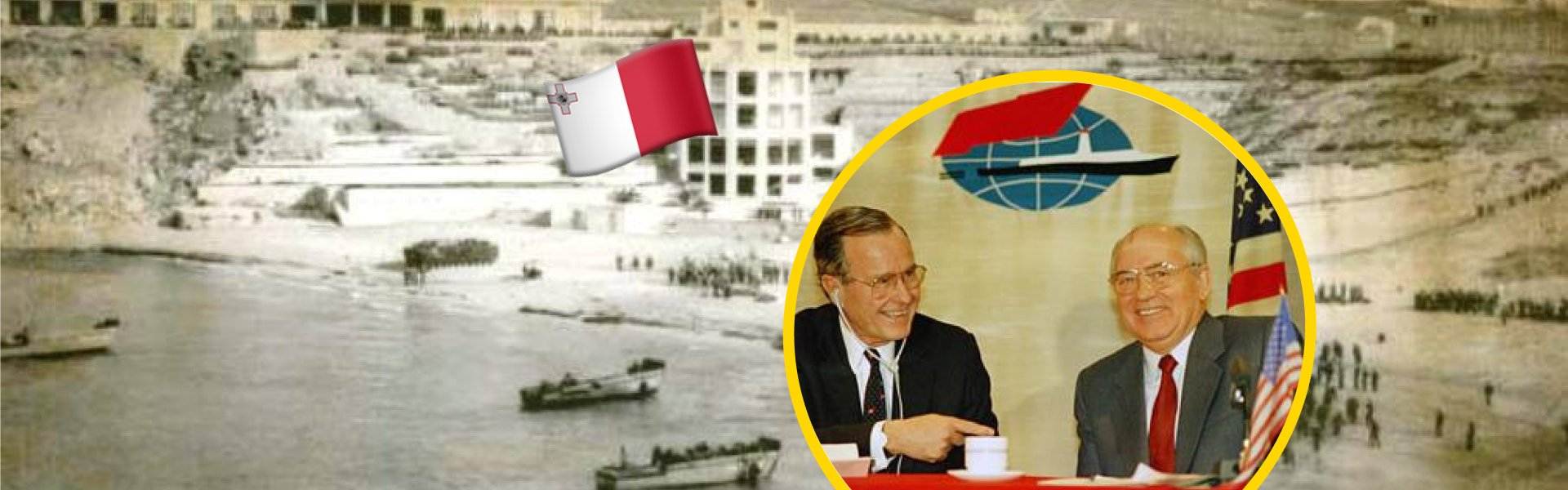 Article header for the Malta Storm Summit of December 1989, featuring a vintage photo of Mellie?a Bay with landing craft, the Maltese flag, and a circular inset of two world leaders smiling at a joint press conference