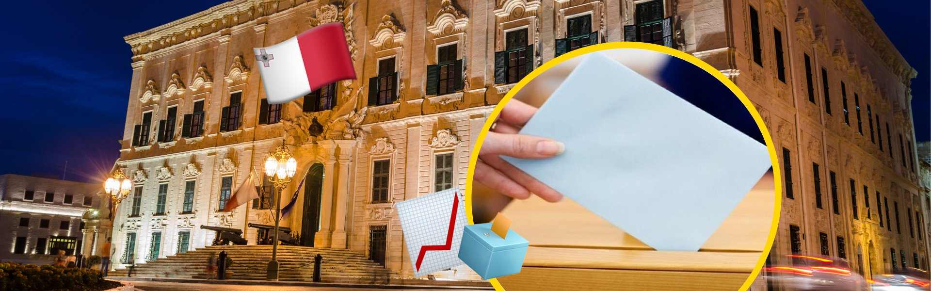 Auberge de Castille in Valletta illuminated at night, with the Maltese flag, a hand casting a ballot, a ballot box, and a trend graph  illustrating how the 2026 Malta general election affects local businesses.