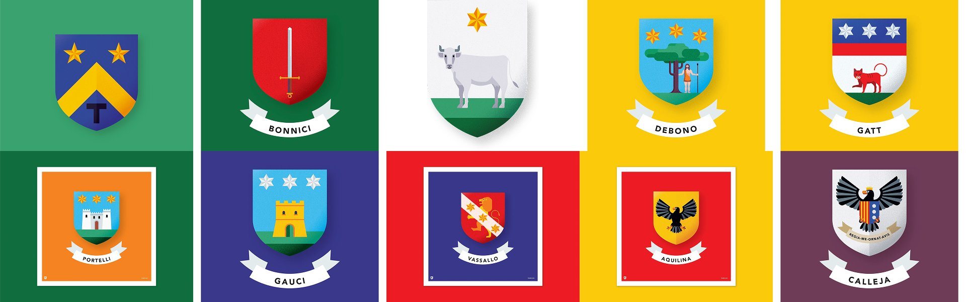 A grid of ten illustrated Maltese family coats of arms. Top row, left to right: an unnamed blue shield with a gold chevron, two gold stars and a tau cross on a green background; Bonnici  a red shield with an upright silver sword on green; an unnamed whit