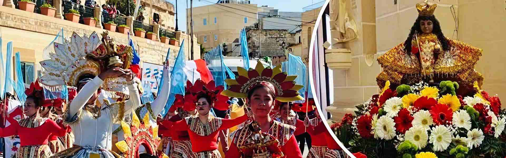 Filipino community members in elaborate traditional costumes with sunburst headdresses parading through a Maltese limestone street during a Sinulog festival procession in Malta, with an inset showing a Santo Niño statue dressed in gold regalia atop a floa