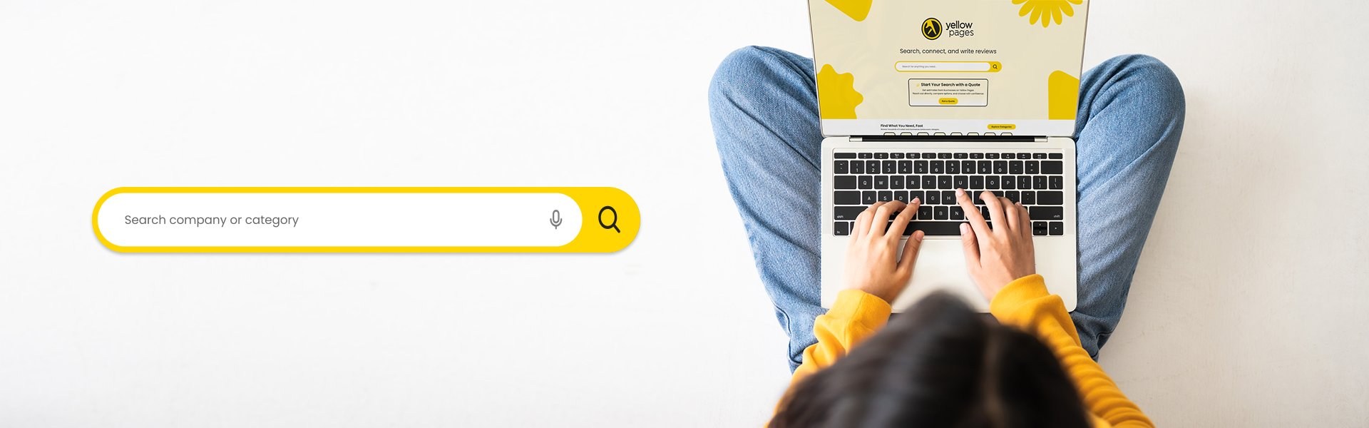 Person sitting cross-legged on a white floor using a laptop displaying the Yellow Pages Malta website, with the Yellow Pages search bar shown on the left side of the image.