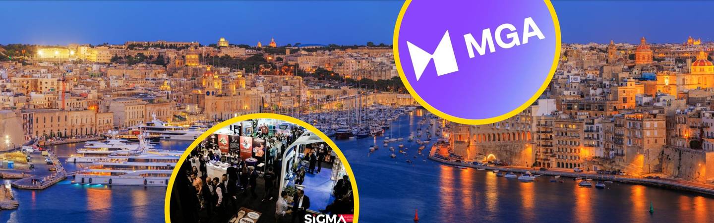 Panoramic twilight view of Malta's Grand Harbour and the Three Cities, with golden-lit limestone buildings and yachts along the waterfront. A circular inset in the lower left shows a busy iGaming expo floor at a SiGMA conference, with attendees networking
