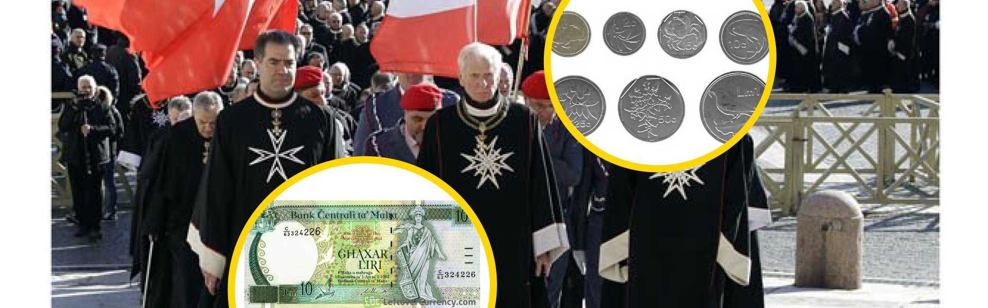 Article header image for 'From Scudi to Lira to Euro: The Historical Story of Malta's Currency', featuring Knights of the Order of Malta in ceremonial black robes processing with red Maltese cross flags, overlaid with circular insets showing a Maltese Lir