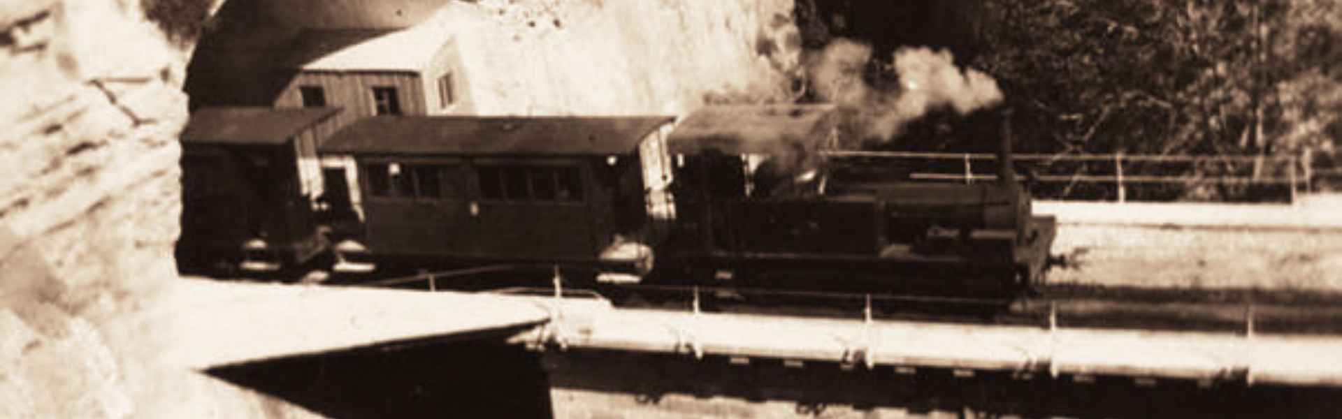 Sepia-toned historical photograph of a steam locomotive pulling passenger carriages through a rocky cutting, with steam rising from the engine, taken from an elevated vantage point