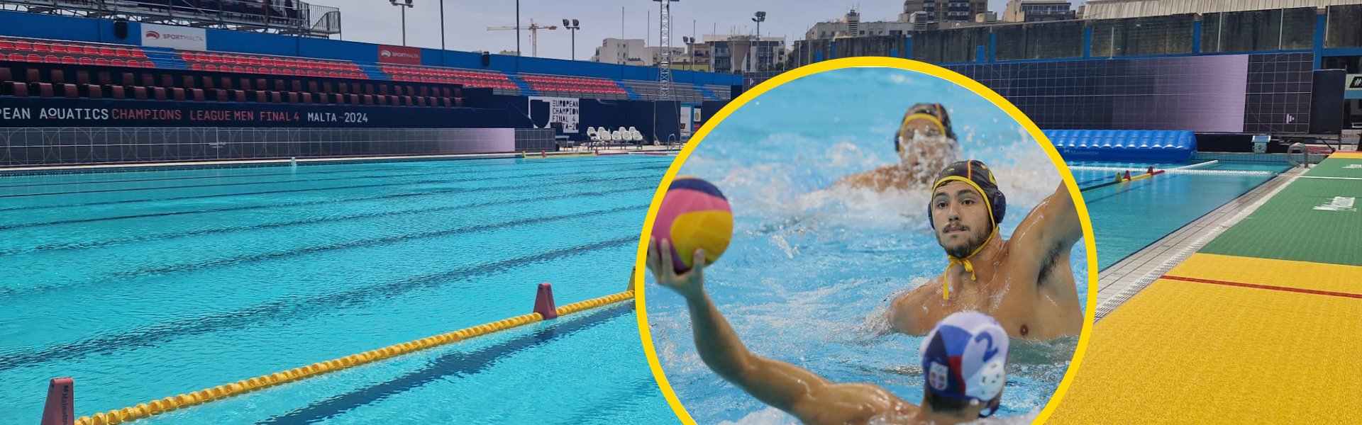 A water polo player prepares to throw the ball during a match, overlaid on the outdoor pool at the European Aquatics Champions League Men Final 4, Malta 2024.
