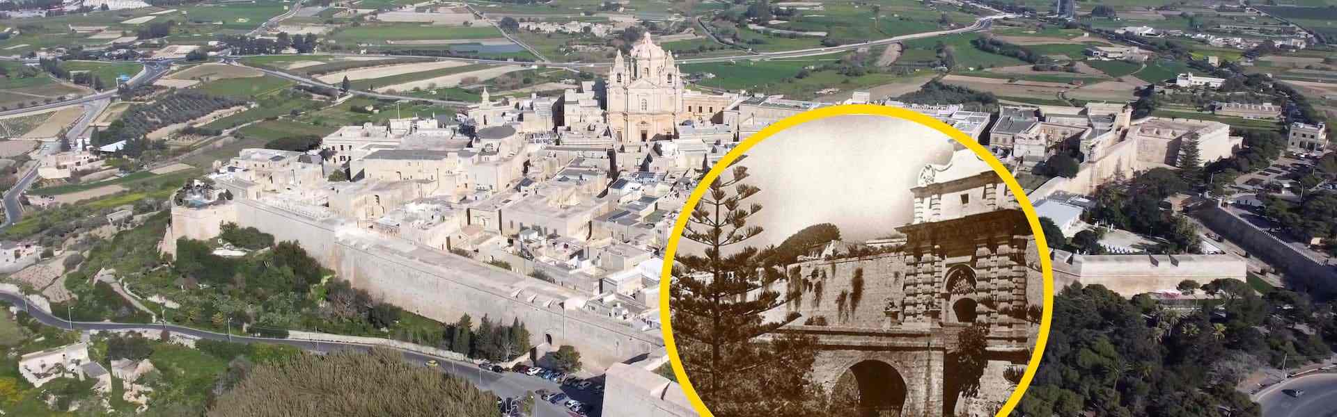 Aerial view of Mdina's fortified old city in Malta with St Paul's Cathedral, overlaid with a circular archival photo highlighting the historic gate damaged in the 1693 earthquake.