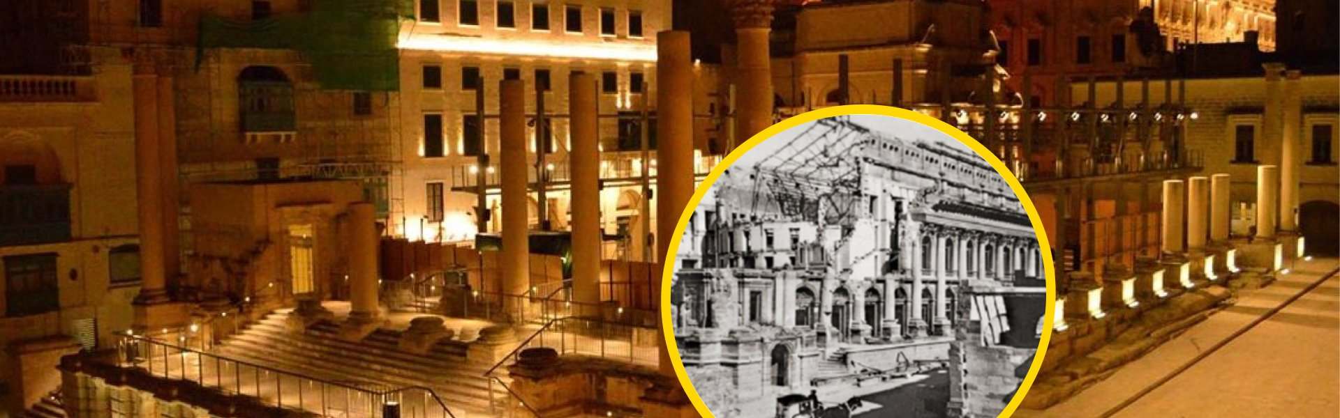 Article header for 'The Royal Opera House: The Valletta Theatre That Was Bombed and Never Rebuilt,' showing the illuminated Pjazza Teatru Rjal ruins at night with an inset black-and-white photo of the original bomb-damaged building