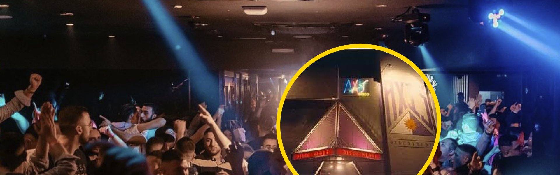 Crowd dancing under blue lights at a Paceville nightclub in Malta, with a circled close-up of the vintage Axis Disco entrance sign and triangular facade.