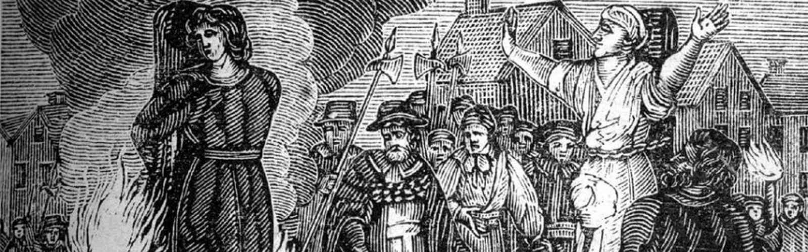 Wide black and white woodcut banner showing a person burning at a stake, watched by an armed crowd with halberds and raised torches, set against period houses.