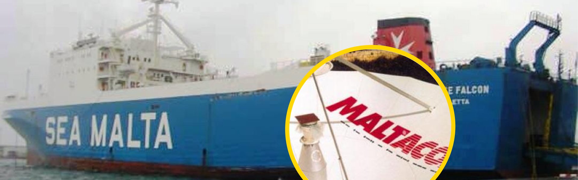 Composite article cover showing the Sea Malta cargo ship Maltese Falcon docked at Valletta, with a yellow-ringed circular inset zooming into a satellite dish bearing the red Maltacom logo, illustrating Malta's historic state-owned companies.