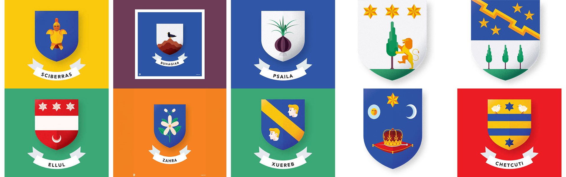 Grid of ten Maltese family coat of arms shields  including Sciberras, Buhagiar, Psaila, Ellul, Zahra, Xuereb, and Chetcuti  each on a different coloured background, illustrating an article on Maltese surnames.
