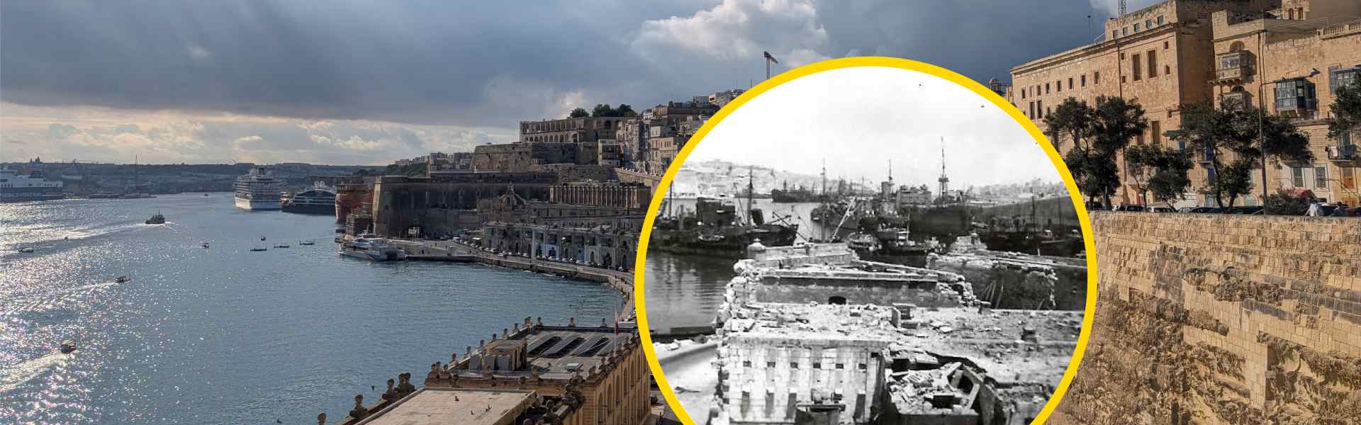 Split image comparing Malta's Grand Harbour today, with cruise ships and Valletta's fortifications, against a circled black-and-white WWII photo of the same harbour showing bomb-damaged buildings and moored ships.