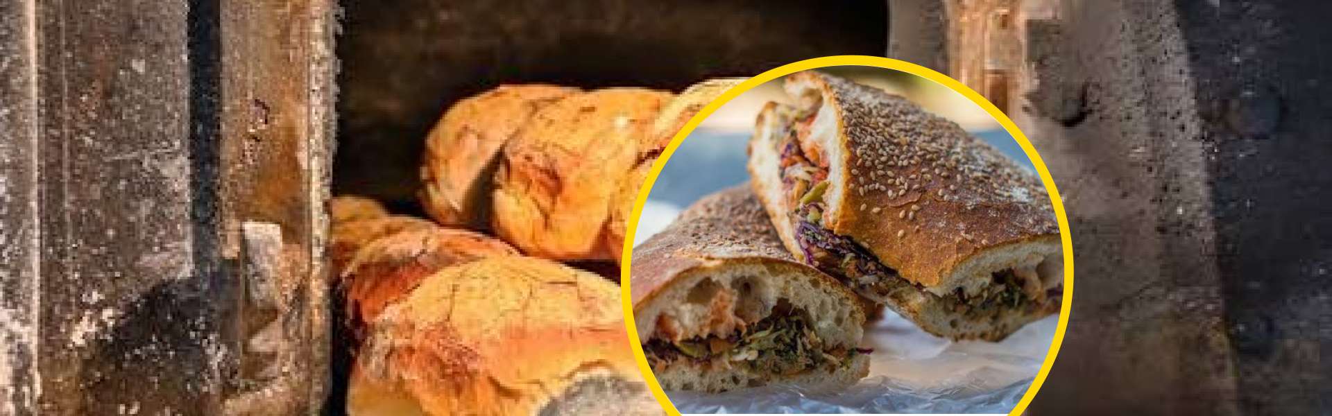 Article banner for the history of Maltese bread, showing golden loaves in a traditional wood-fired oven alongside a yellow-circled close-up of a sesame-topped sandwich filled with slaw