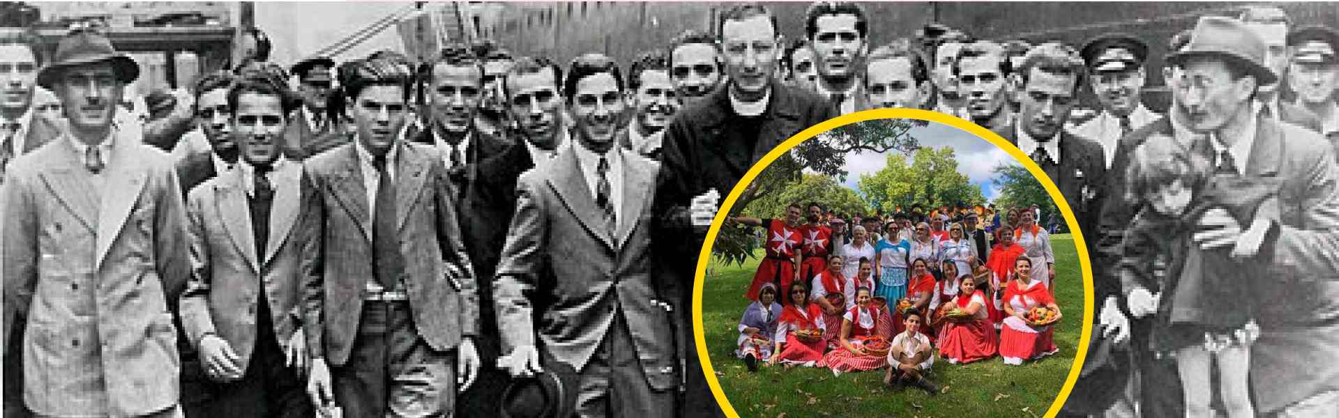 Article banner combining a black-and-white historical photo of Maltese emigrants disembarking a ship led by a priest with a circular inset photo of a group in traditional red-and-white Maltese festival costume seated on grass with baskets of fruit.