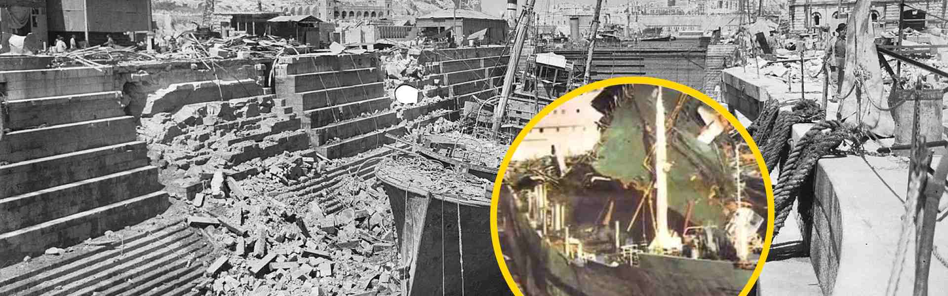 Article banner on Malta's dockyard history, showing a bomb-damaged dry dock strewn with rubble around a wrecked ship, with a circular yellow-highlighted inset zooming into an exploded tanker's torn hull.