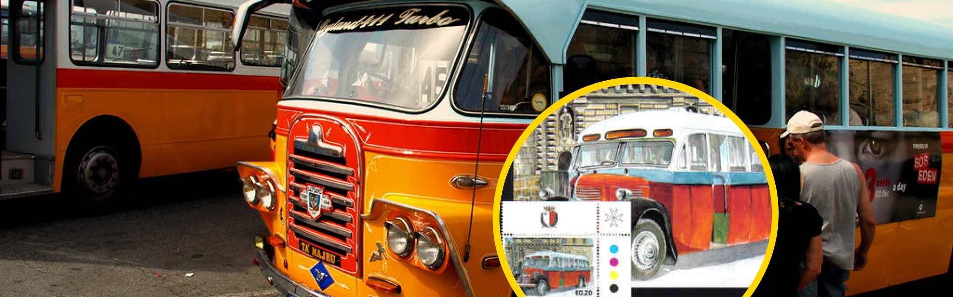 Article banner collage of vintage Maltese buses  an orange and red Leyland 