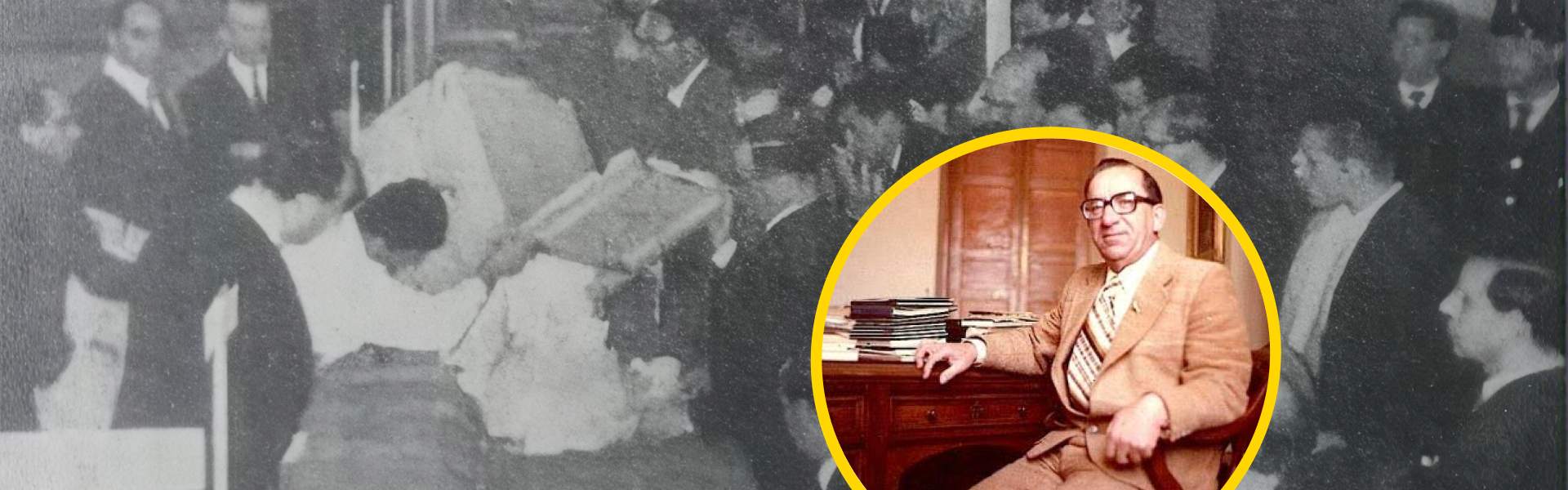 Wide article banner for a feature on Malta's 1956 integration referendum: a grainy black and white photograph of ballot papers being tipped out and counted in a crowded hall, overlaid on the right with a circular yellow-ringed colour portrait of a politic