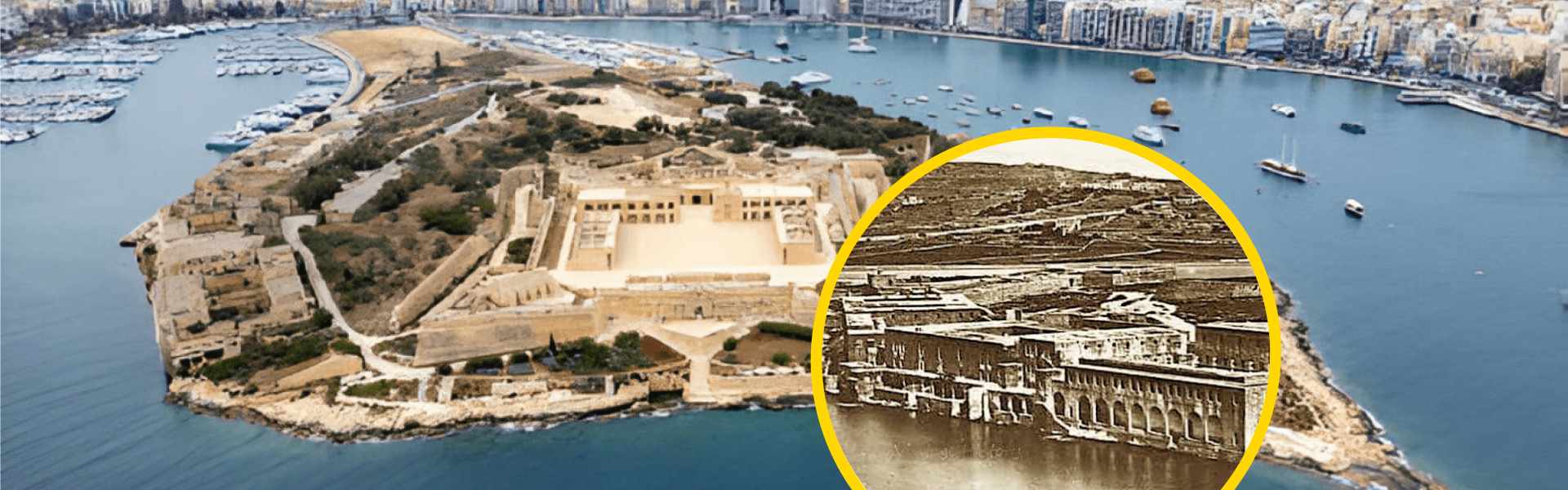 Aerial view of star-shaped Fort Manoel on Manoel Island, Malta, with a circular inset showing a historic sepia photograph of the Lazzaretto's arcaded waterfront building, illustrating 