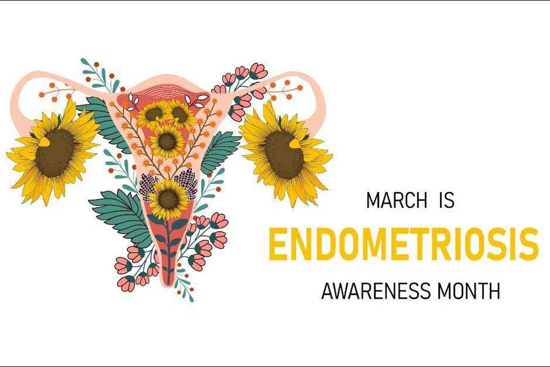 Illustrated graphic of a uterus surrounded by sunflowers and wildflowers on a white background. Text reads: March is Endometriosis Awareness Month