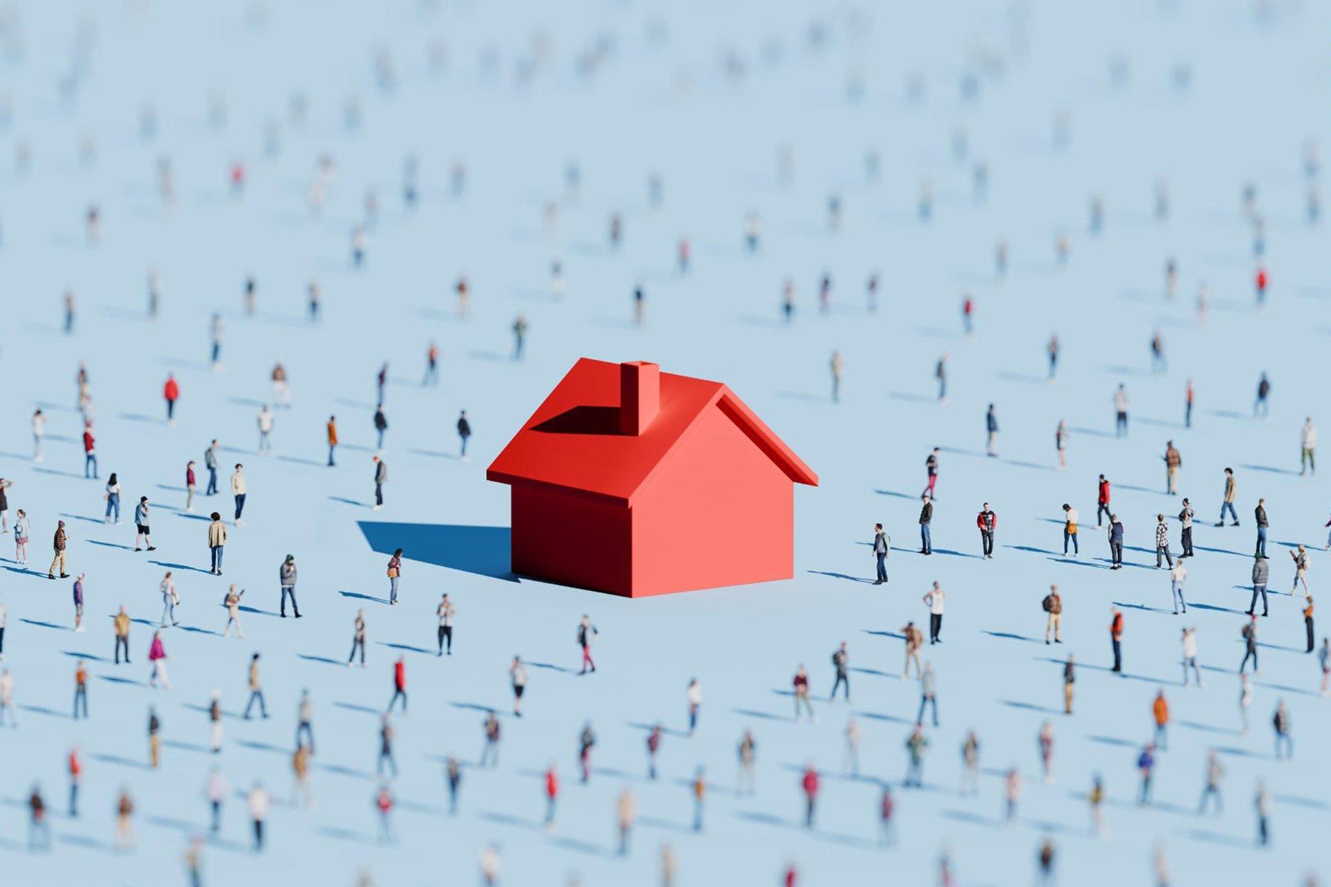 A 3D rendered red house model surrounded by dozens of tiny figurines of people on a light blue surface, symbolising high housing demand.